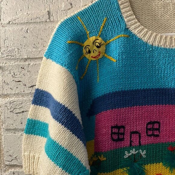 Vintage 80s 3D Hand-Knit Beach Scene Sweater โ Whimsical Summer Coastal Kitsch - Picture 2 of 11